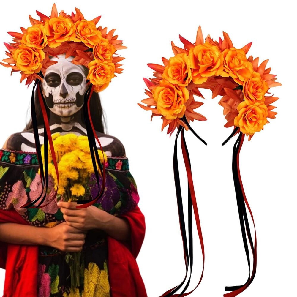 5920 Mexican Day of the Dead Fall Headband with Orange Rose Floral Flower